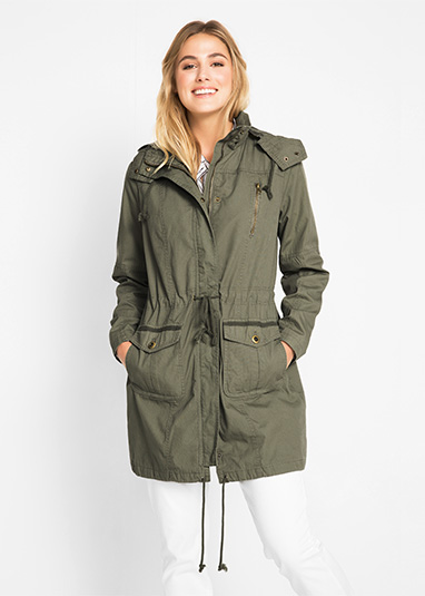 Átmeneti kabát parka fazonban olivazöld