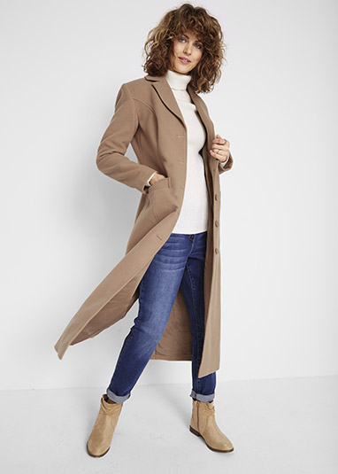 Kabát maxi hosszban, gyapjú utánzatból tevebarna