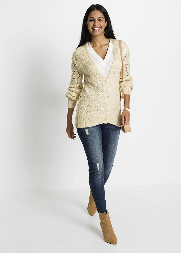 Kötött kardigán azsúr mintával kavicsbézs melírozott