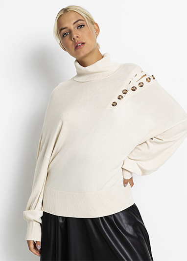 Garbó nyakú pulóver fenntartható viszkózzal és gombokkal kavicsbézs