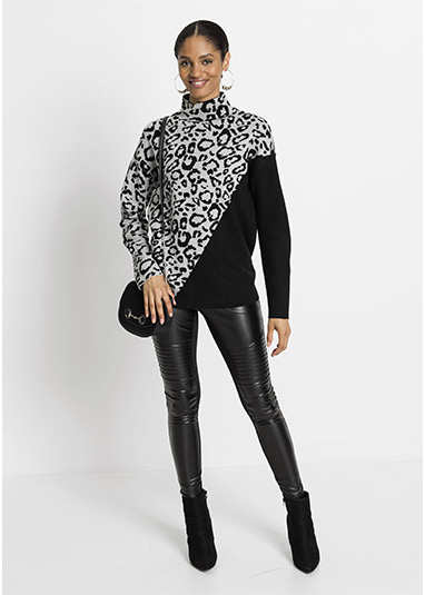 Pulóver gallérral fekete-világosszürke leopárdmintás