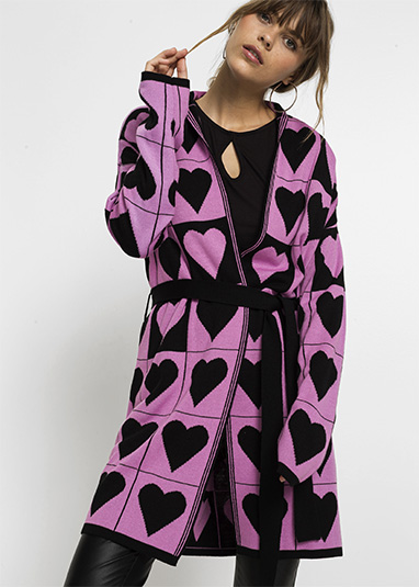 Kötött kardigán övvel világoslila-fekete